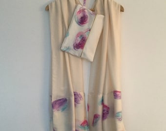 Set off white wedding shawl/pouch / beige painted fabric
