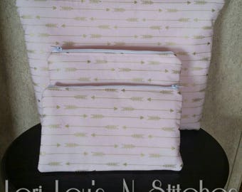 Wet Bag, gold arrows wet bag, pink Wet bag, wet zipper pouch, baby bag, zipper pouch, pencil case, special needs bag, diabetic tester bag