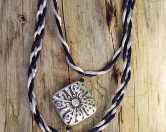 Braided fabric black and grey, silver beads necklace