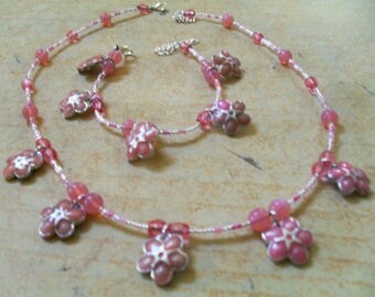 set (necklace and bracelet) modern, summer, colorful (Pink)
