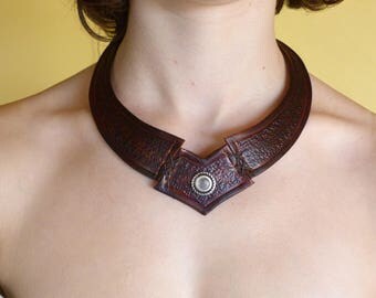 Leather tooled "aged" Brown Choker necklace