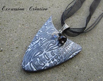 "Grey Design" in anthracite grey color polymer clay pendant, beaded, and White Pearl glass beads accented with fully
