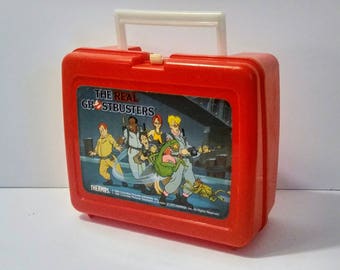 Ghostbusters Lunchbox Thermos 1986 Red Plastic Vintage