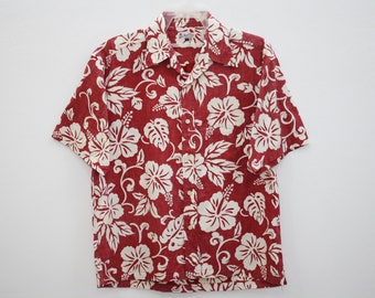 North Zone Reverse Print White Hibiscus Floral Design Red Cotton Hawaiian Shirt Size M
