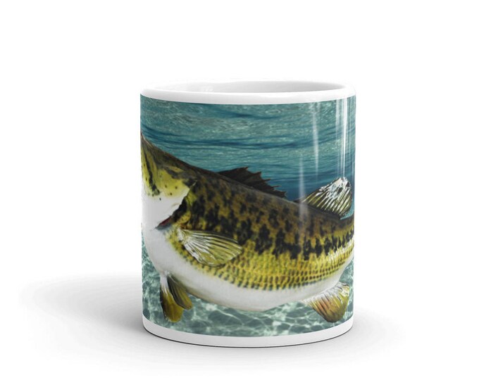 Big Bass Fishing, Fishing Theme Mug, Large Mouth Bass Coffee Cup, underwater Fishing Point of View, 5 lbs. bass, Catching Fish With Lures