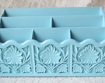 Desk Mail Organizer Vintage Aqua Blue Painted Lerner's Carved Faux Wood Upcycled for Home or Office