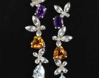 Vintage! Sterling Silver Shoulder Duster Multi Gemstone Earrings
