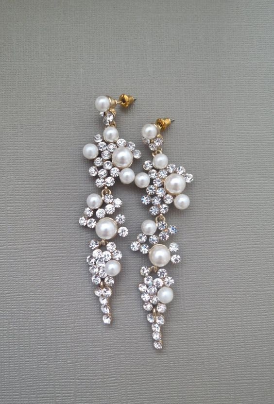 pearl chandelier earrings, gold bridal earrings, long dangle earrings