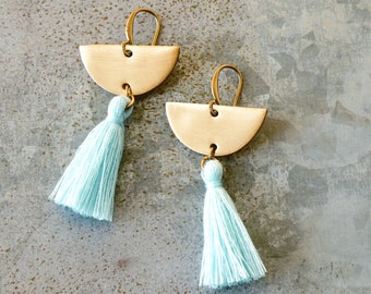 Chandelier Tassel Earrings, Montana Blue Tassel and Brass Crescent