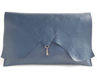 Raw edge leather clutch purse with vintage key detail - navy blue