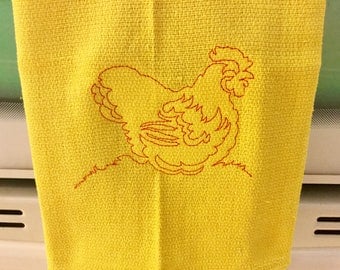 Kitchen Towel with Red Stitched Hen with uellow background, Cotton