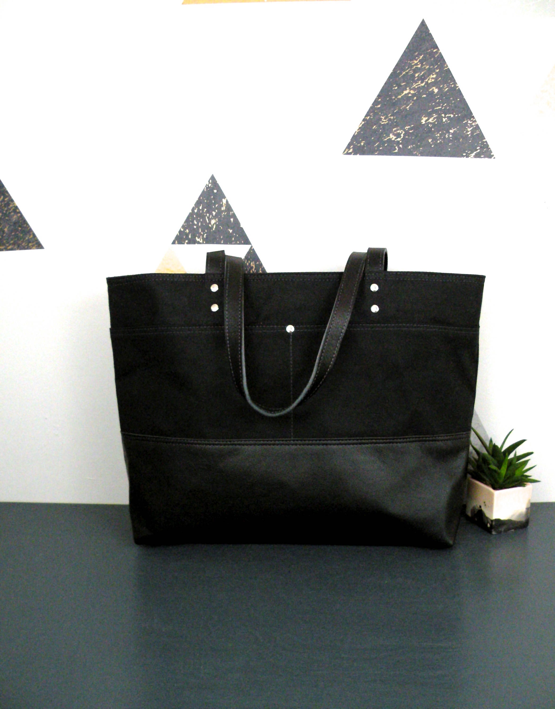 All black tote Waxed Canvas Tote Leather Bottom Bag Sturdy
