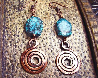 Turquoise Nugget Earrings with Hand Forged Copper Spiral Dangles • Turquoise & Hammered Copper Boho Cowgirl Rustic Dangle / Drop Earrings