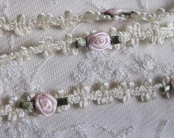 Cream Ivory Rococo Ribbon Trim w Blush Pink Rose Bud Flower Baby Scrapbook Quilt