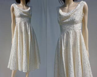 1950s Wedding Dress Vintage Tea Dress 50s Wedding Dress Cream Damask Dress 50s Bridal Tea Dress Fit Flare Wedding Retro Wedding Dress xs
