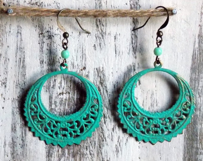 Boho Filigree Brass Earrings Turquoise Earrings Patina Earthy Rustic Woodland Filigree Gypsy Boho Brass Bohemian Earrings Jewelry