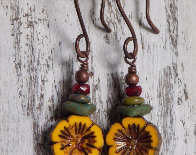 Yellow Flower Boho Earrings Dangle Czech Glass Oxidized Copper Metal Hawaiian Rustic Bohemian Earrings Jewelry Woodland Earrings