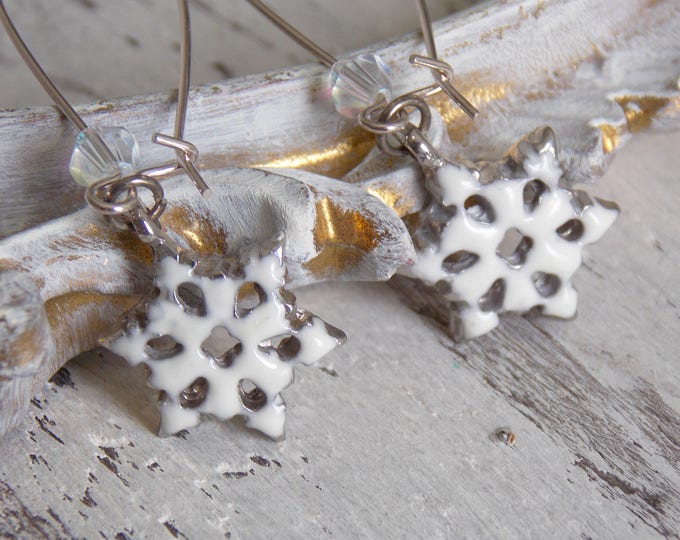 Snowflake Earrings, Holiday Jewelry, Christmas Earrings, Winter Jewelry, Glass White Enamel Earrings, Festive Jewelry