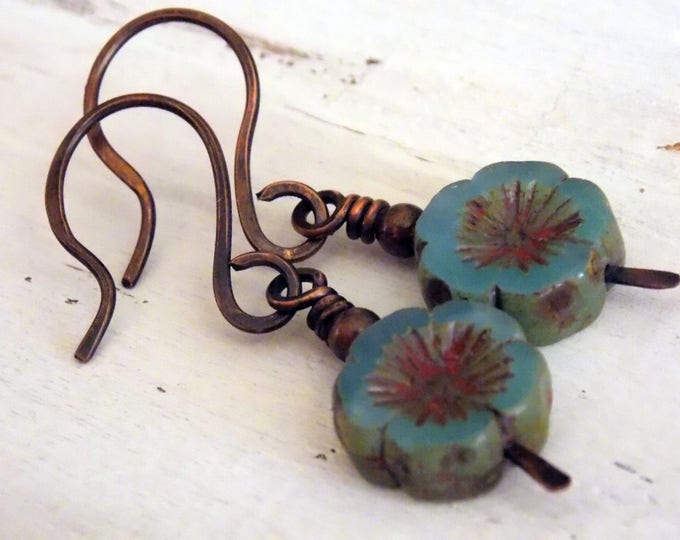 Blue Flower Boho Earrings Dangle Czech Glass Oxidized Copper Metal Hawaiian Rustic Bohemian Earrings Jewelry Woodland Earrings