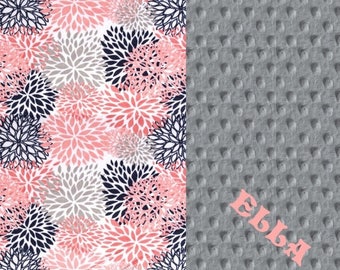 SALE Personalized Baby Blanket For Girl / Coral Minky Baby Blanket, Blooms Navy Gray - Nursery Decor / Flower Baby Blanket // Name Blanket