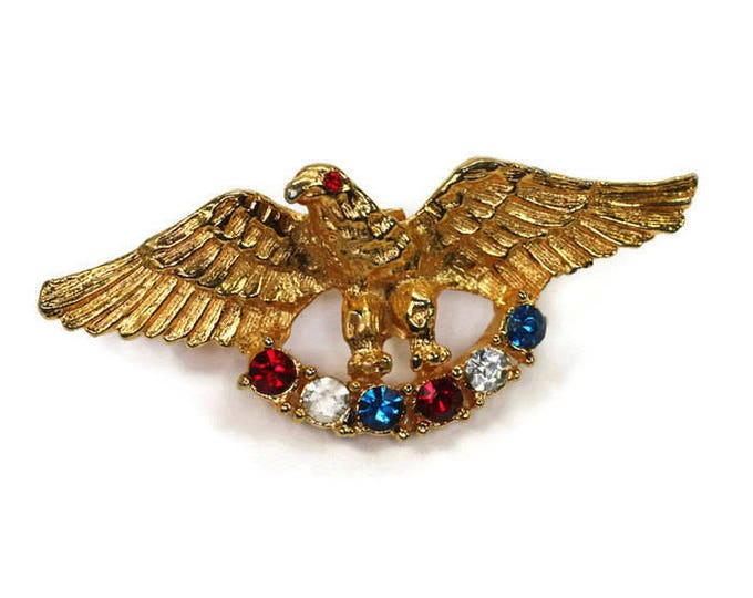 Patriotic Eagle Pin Red White and Blue Rhinestones Gold Tone USA Vintage