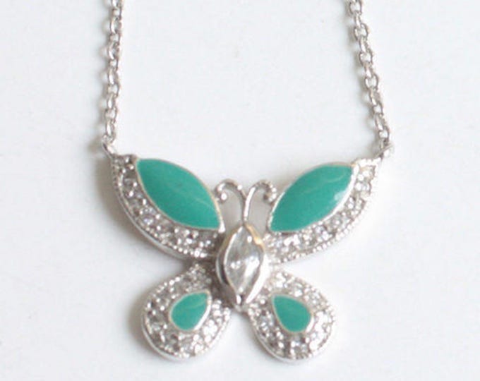 Green Enameled Butterfly Pendant Necklace Crystals Signed FAS Vintage