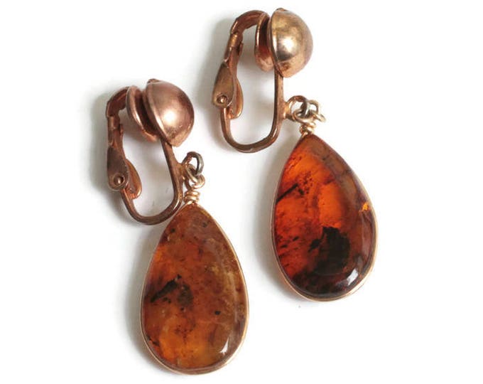 Vintage Amber Drop Dangle Earrings Clip On