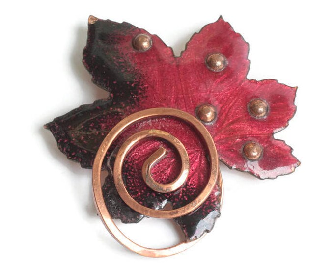 Matisse Red Enamel Copper Leaf Brooch Vintage