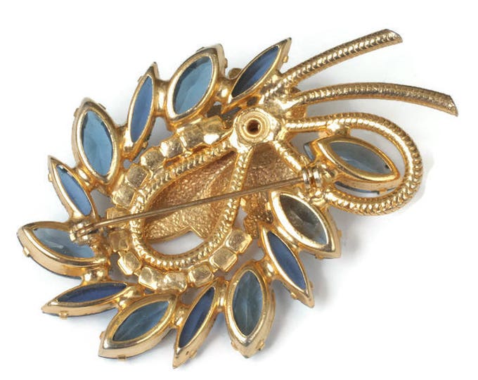 Juliana D and E Blue Rhinestone Brooch Gold Leaf Accent Wide and Narrow Navettes Book Piece 1962