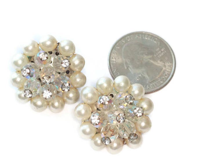 Faux Pearl and AB Bead Cluster Earrings Rhinestone Accents Clip On Style Vintage