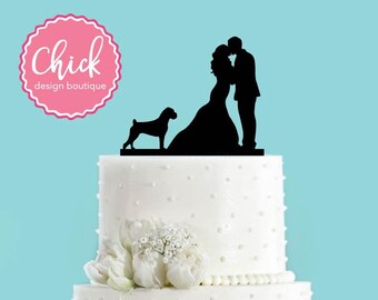 Couple Kissing with Boxer Dog Acrylic Wedding Cake Topper