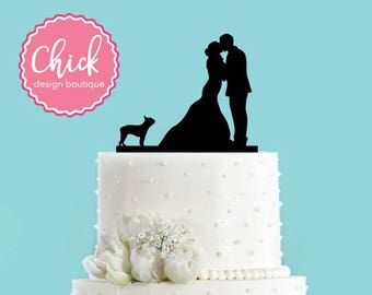 Couple Kissing with Boston Terrier Dog Acrylic Wedding Cake Topper