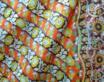 Vintage Silk Sari Scarf - Orange and Yellow Sunflower Diagonal Stripe - Over 5 Yards Long
