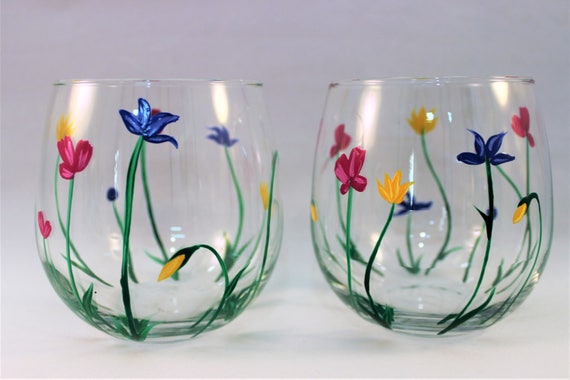 Wild Flowers Hand Painted Stemless Wine Glasses Painted Wild