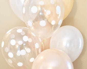 Blush, Pearl White & Clear Polka Dot Balloons, Pearl White Latex,Blush and White balloon,Blush Latex,Pearl White Latex,Blush and White Latex