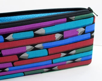 Zippered Pencil Pouch, Pencil Art in Jewel Tone Colors