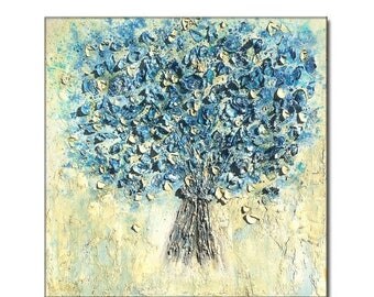 Textured Blue Flowers Bouquet Contemporary Abstract Palette Knife Painting by Henry Parsinia 30x30