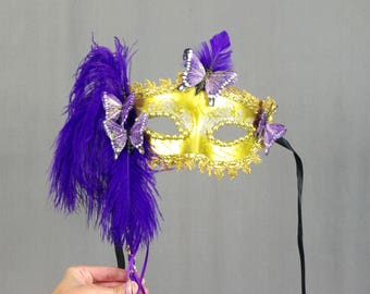 Butterfly Mask, Gold and Purple Mask, Masquerade Mask, Halloween Mask, Mardi Gras Mask, Gold Mask