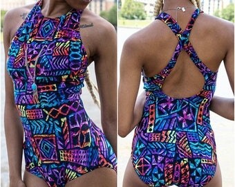 High Cut Swimsuit - High Neck Swimsuit - Vintage One Piece Swimsuit - Festival Bodysuit - High Cut One Piece - Womens Bodysuit