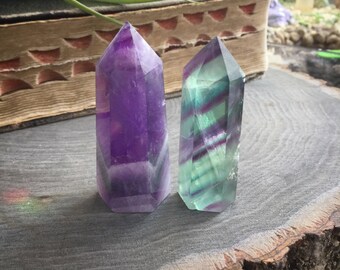 Crystals Amethyst and Fluorite crystal point, 2" Gemstone SET OF TWO, obelisk, tower, altar, reiki wiccan