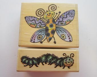 2 rubber stamps - PSX caterpillar and butterfly - SK617a and SK617b - circa 2000