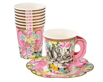 24 FLORAL TEA CUPS Saucers Set Tea Party Cups Drinking Glasses Alice In Wonderland Mad Hatter Rabbit Bunny Vintage Style Shabby Chic Garden