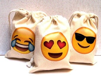 Set of 10 Smileys Emoji Party Muslin Bag 4 x 6 5 x 8