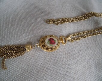 Vintage necklace, red rose pendant, petit point pendant,30 inch chain,chain dangles,retro necklace