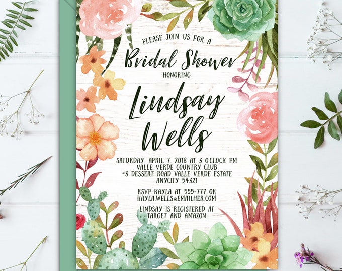 Succulents Cactus Boho Floral Bridal Shower Bachelorette Hens Night Party Printable Invitation