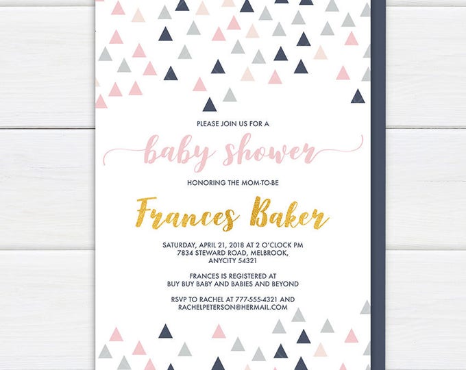 Geometric Abstract Triangle Pattern Baby Shower Invitation in Soft Pastels, It's a Girl, Oh Baby, Baby Shower Printable Invitation