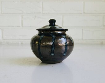 Small Lidded Ceramic Jar Brown Luster - Handmade Pottery Black Clay - Modern Farmhouse