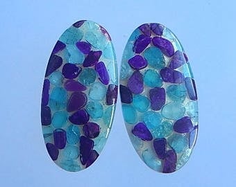 New,Sugilite,Blue Apatite,Shell Intarsia Gemstone Cabochon Pair,37x19x5mm,14.1g(Cpa034)
