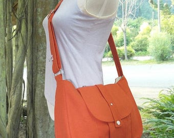 On Sale 20% off orange cotton canvas purse / shoulder bag / messenger bag / everyday bag / diaper bag / cross body bag - 6 pockets