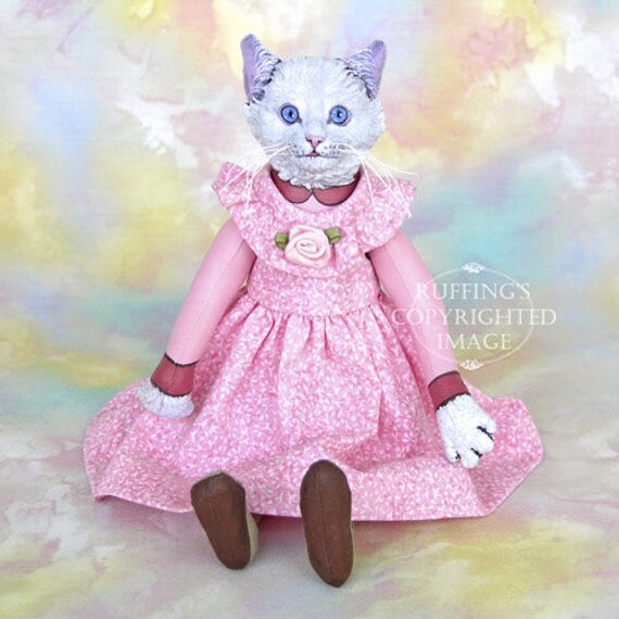 Art Doll OOAK Original White Cat Hand Painted Folk Art